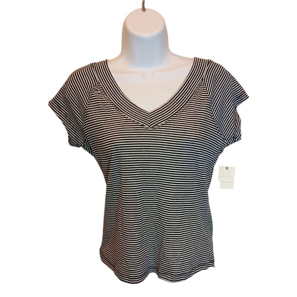 Ultra Flirt Double V-Neck Top Black/White Stripes Shirt Women's Sz. L - Picture 1 of 6